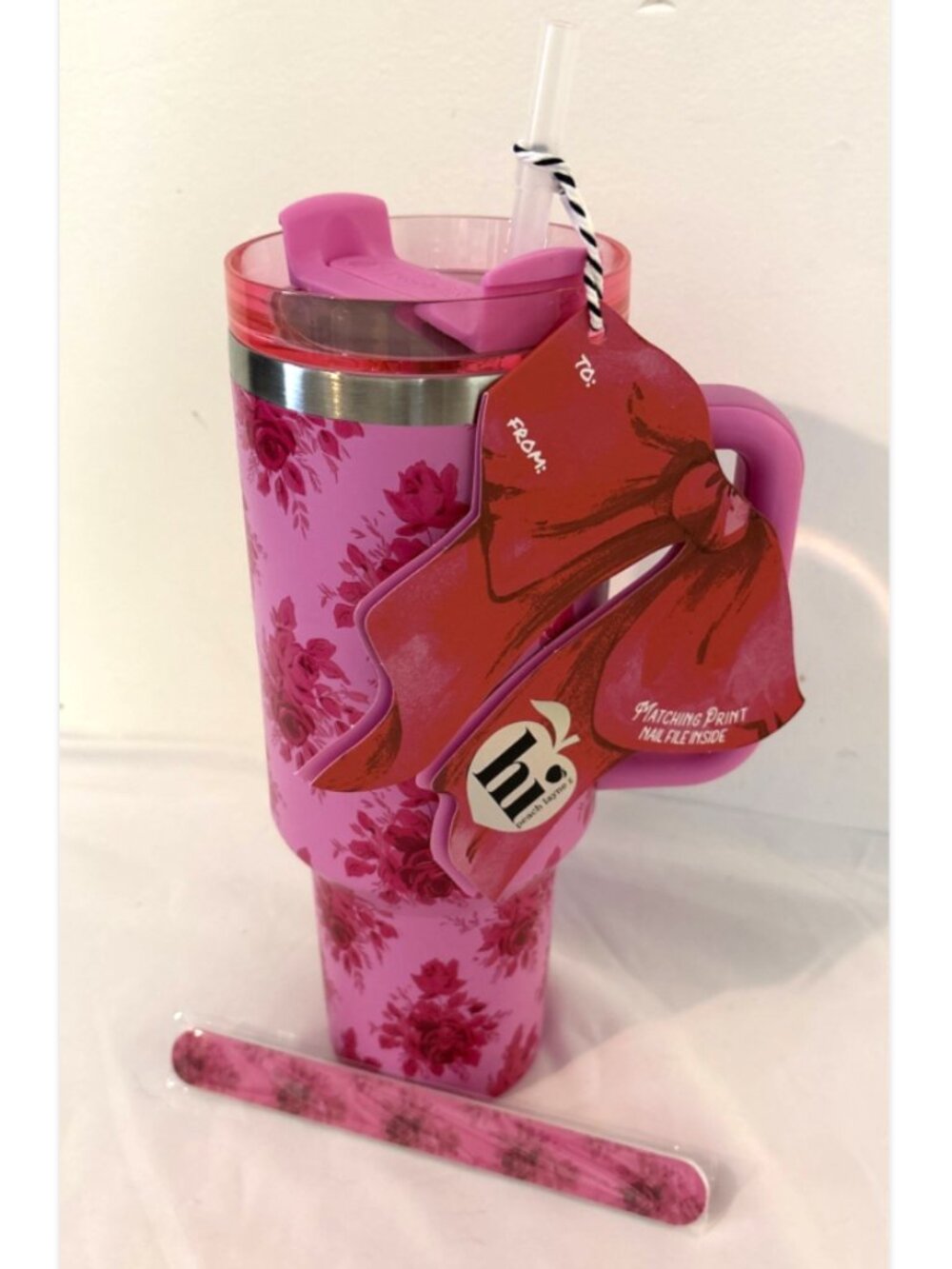 Hi Peach Layne Pink Toile Beauty 40oz Insulated  Tumbler W/ Matching Nail File